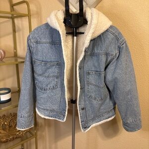 Women’s Sherpa Lined Denim Jacket w/ Hood Cozy Winter Blue Jean Coat L